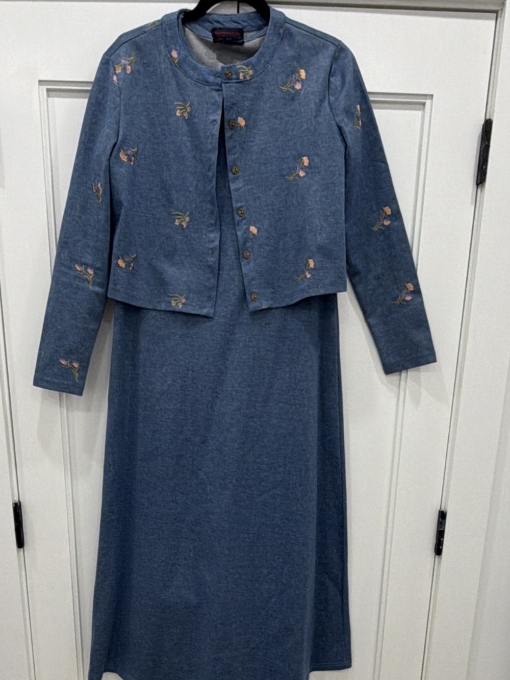 Madison & Park Women's 2-Piece Dress & Jacket Set L Blue Chambray Floral